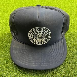 Vintage Nissin United States Texas Seal Navy Mesh Trucker Snapback Hat USA